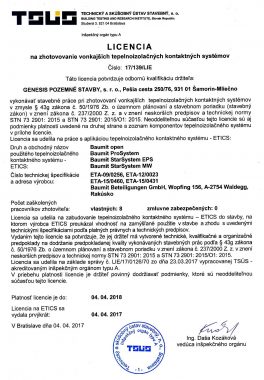 Licencia na zhotovovanie vonkajších tepelnoizolačných kontaktných systémov 2