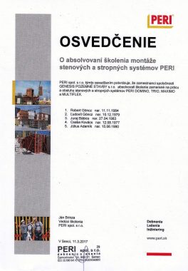 Osvedčenie Peri montáž