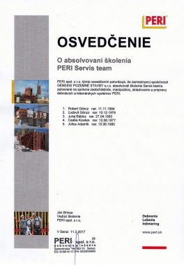 Osvedčenie Peri servis