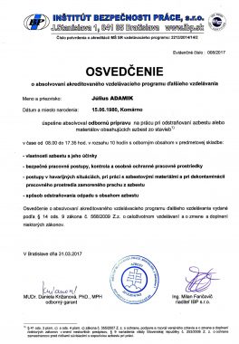 Osvedčenie odstraňovania azbestu 1