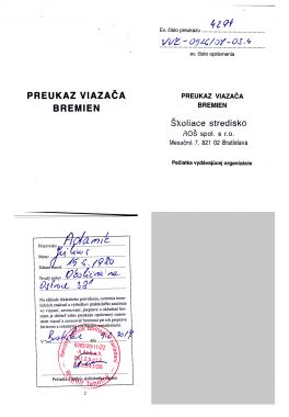 Preukaz viazača bremien Adamík