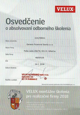 Velux osvedčenie Bábič